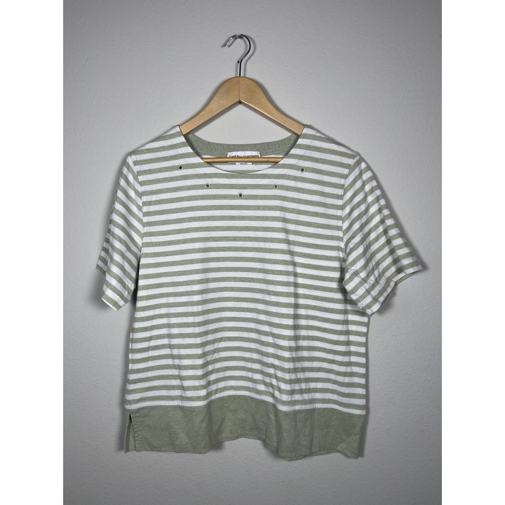 Cathy Daniels Womens Sage Green White Striped Grommet Short Sleeve Top Large